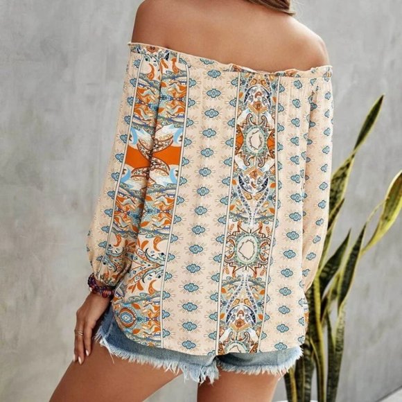 Boho Floral Print Off Shoulder Blouse Multi Color Tan - Picture 4 of 4